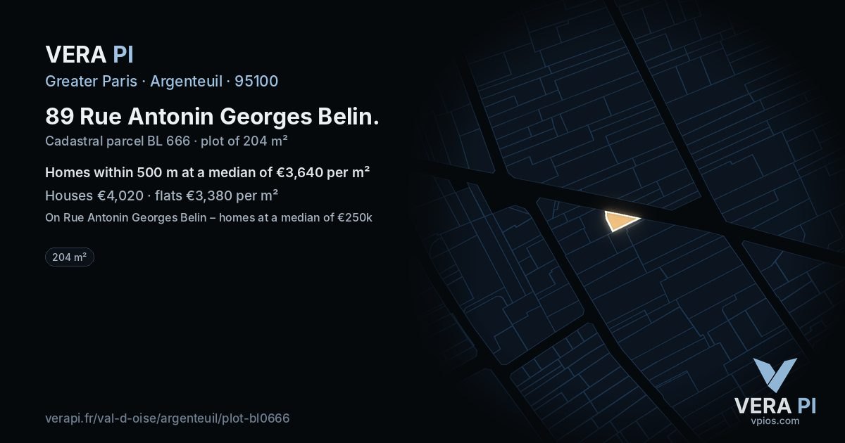 89 Rue Antonin Georges Belin, Argenteuil at night – the plot lit, the parcels around coloured by the prices near them