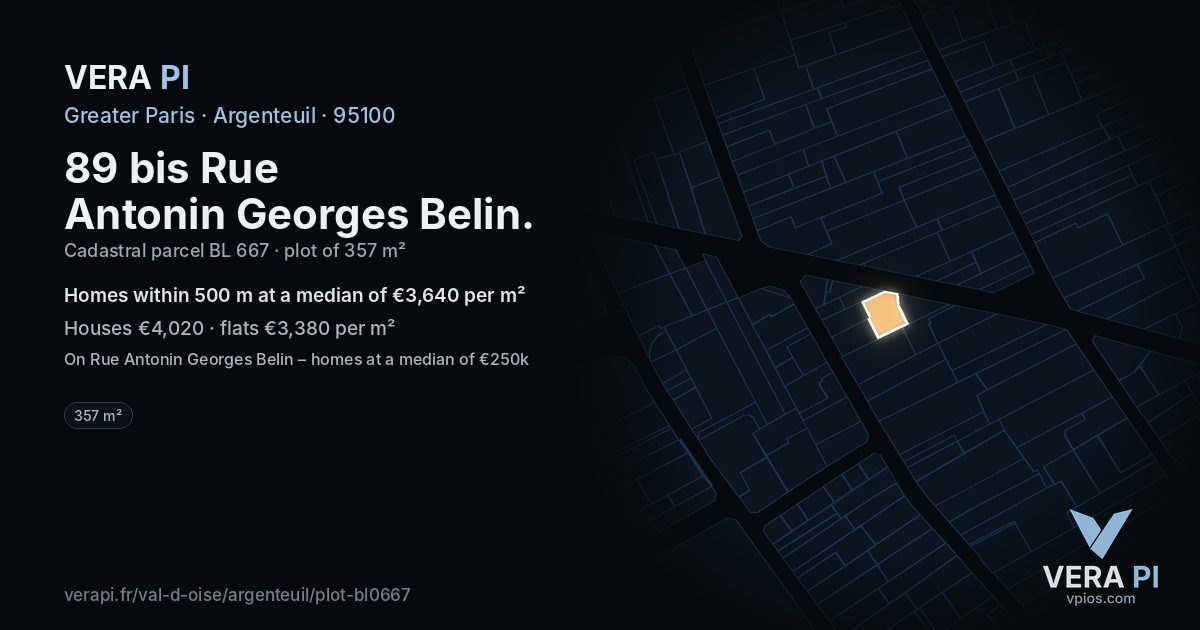 89 bis Rue Antonin Georges Belin, Argenteuil at night – the plot lit, the parcels around coloured by the prices near them