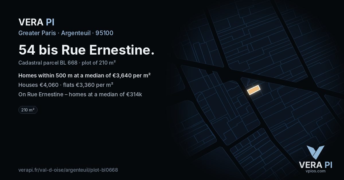 54 bis Rue Ernestine, Argenteuil at night – the plot lit, the parcels around coloured by the prices near them