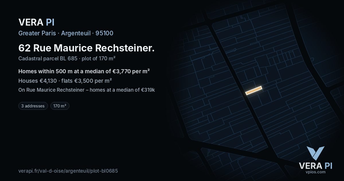 62 Rue Maurice Rechsteiner, Argenteuil at night – the plot lit, the parcels around coloured by the prices near them