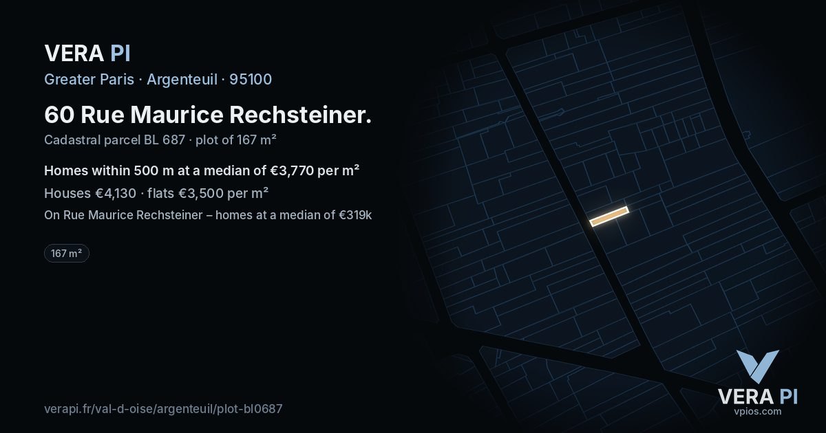 60 Rue Maurice Rechsteiner, Argenteuil at night – the plot lit, the parcels around coloured by the prices near them
