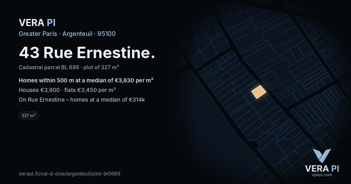 43 Rue Ernestine, Argenteuil at night – the plot lit, the parcels around coloured by the prices near them