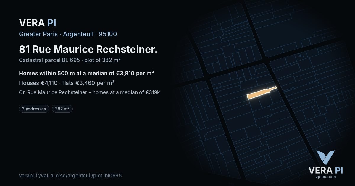 81 Rue Maurice Rechsteiner, Argenteuil at night – the plot lit, the parcels around coloured by the prices near them