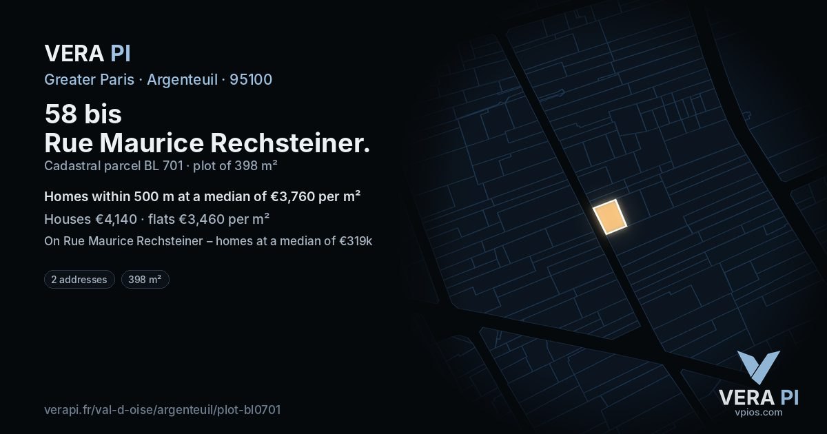 58 bis Rue Maurice Rechsteiner, Argenteuil at night – the plot lit, the parcels around coloured by the prices near them