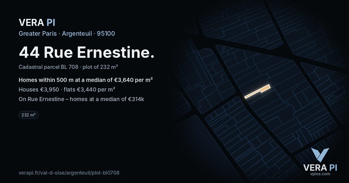 44 Rue Ernestine, Argenteuil at night – the plot lit, the parcels around coloured by the prices near them