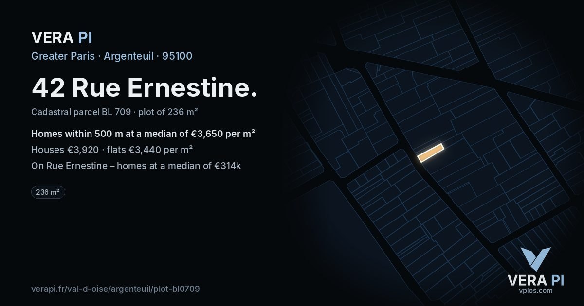 42 Rue Ernestine, Argenteuil at night – the plot lit, the parcels around coloured by the prices near them