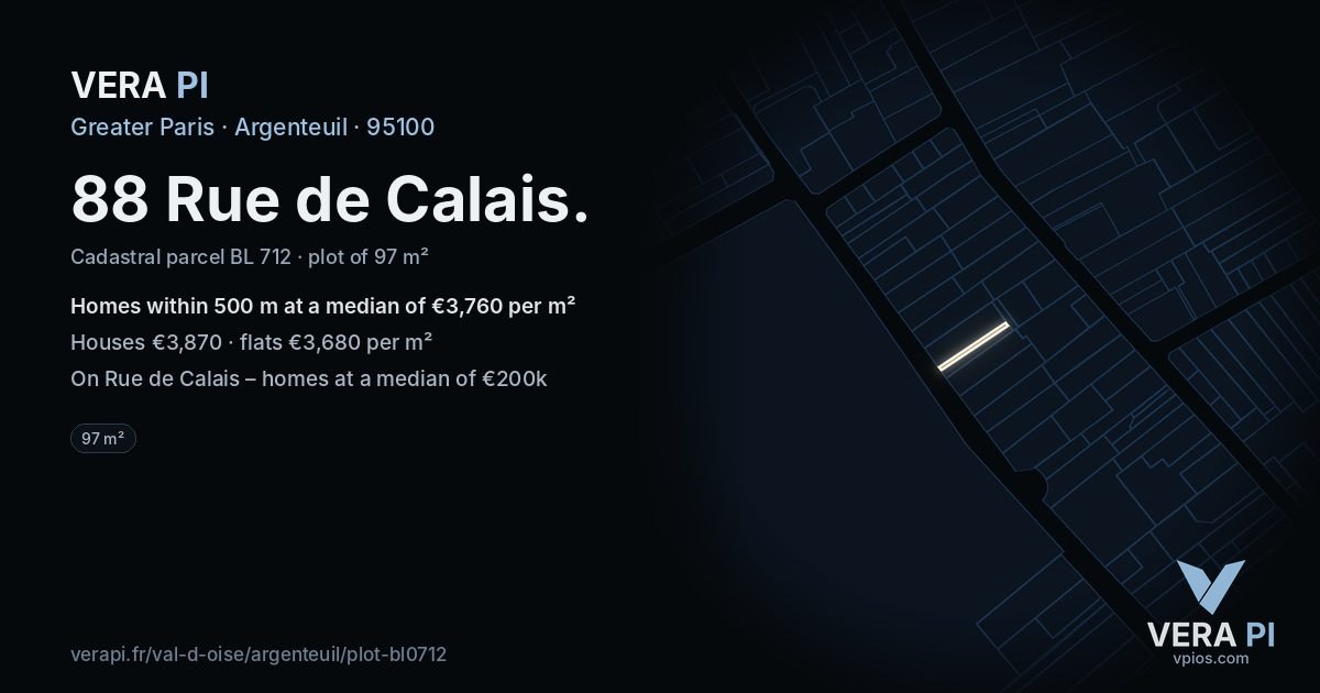 88 Rue de Calais, Argenteuil at night – the plot lit, the parcels around coloured by the prices near them