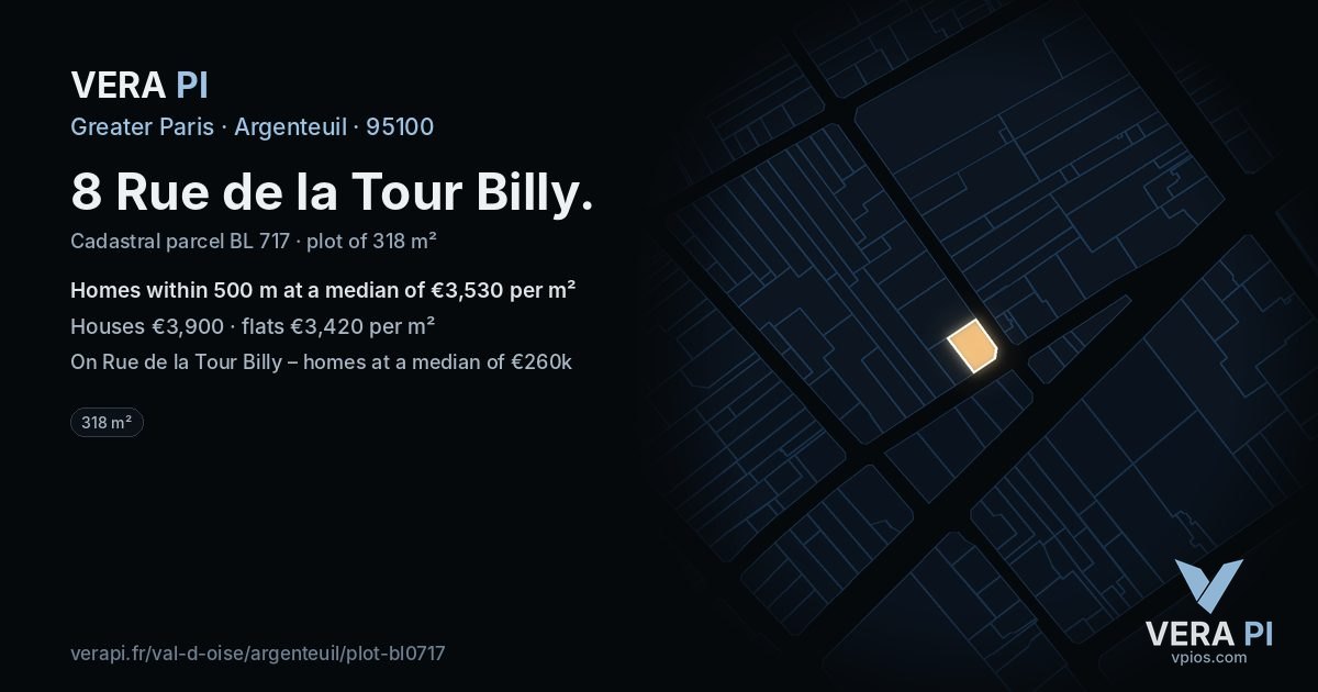 8 Rue de la Tour Billy, Argenteuil at night – the plot lit, the parcels around coloured by the prices near them