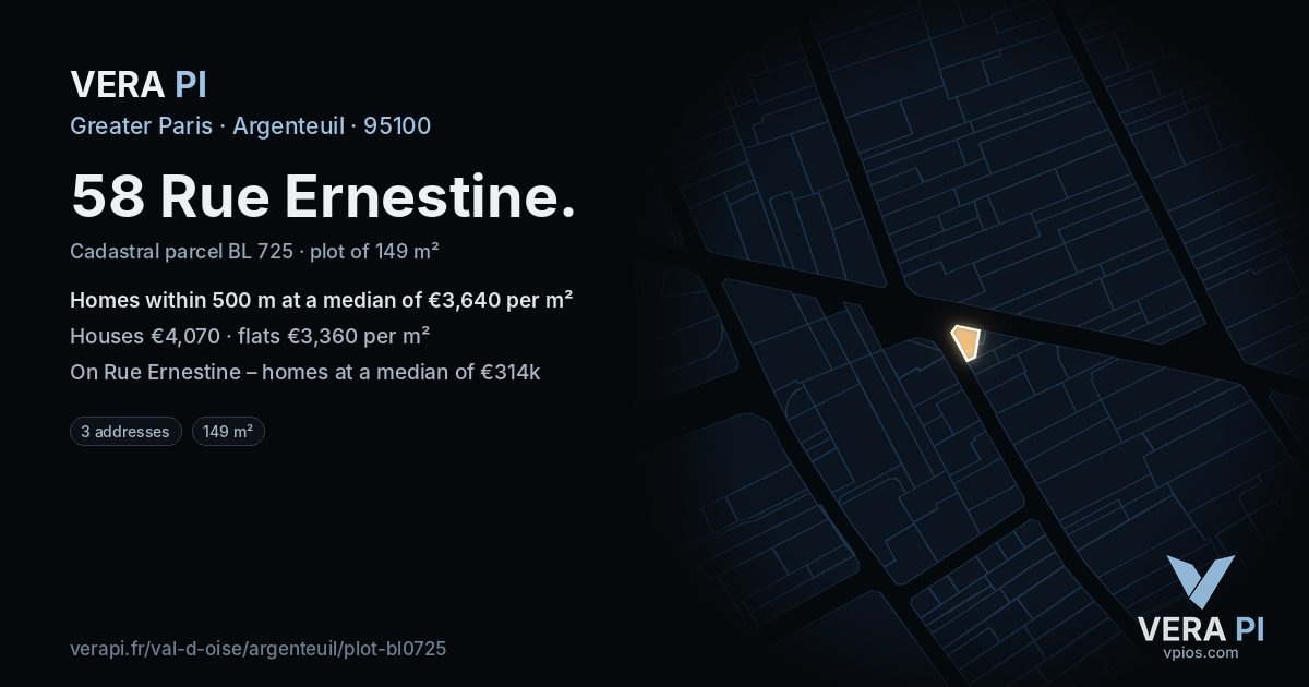 58 Rue Ernestine, Argenteuil at night – the plot lit, the parcels around coloured by the prices near them