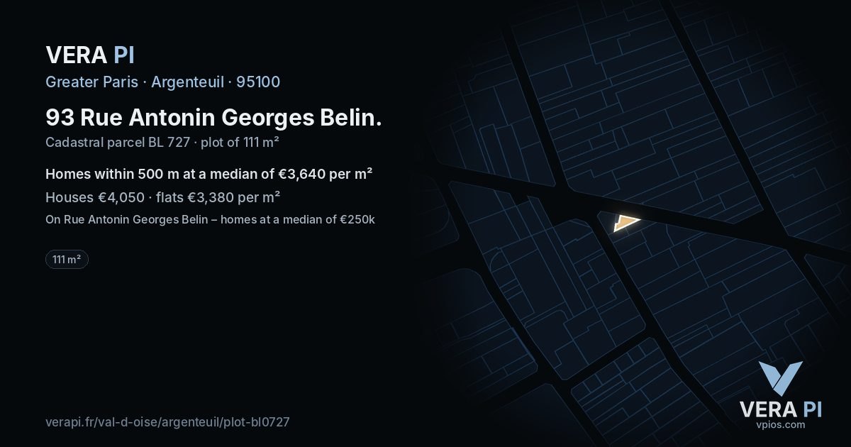 93 Rue Antonin Georges Belin, Argenteuil at night – the plot lit, the parcels around coloured by the prices near them