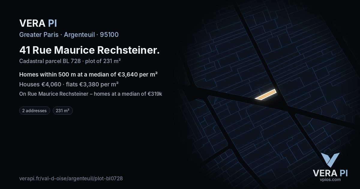 41 Rue Maurice Rechsteiner, Argenteuil at night – the plot lit, the parcels around coloured by the prices near them
