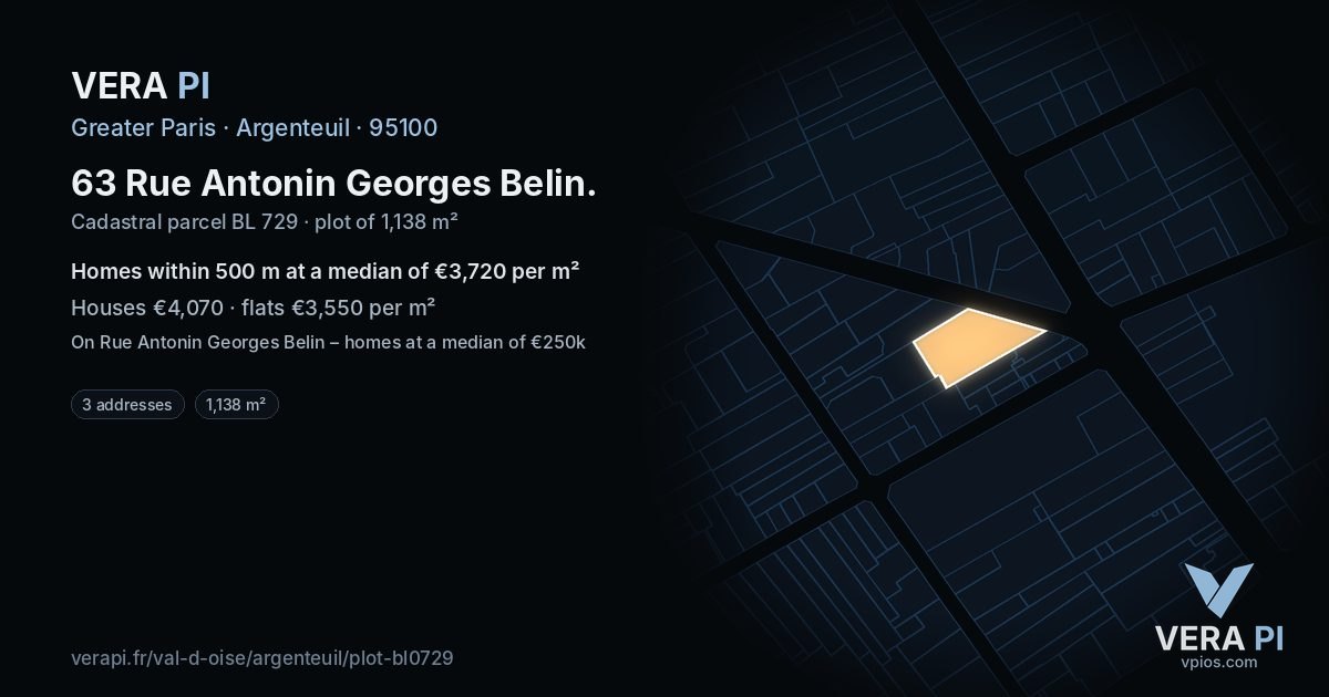 63 Rue Antonin Georges Belin, Argenteuil at night – the plot lit, the parcels around coloured by the prices near them
