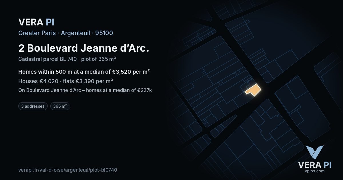 2 Boulevard Jeanne d’Arc, Argenteuil at night – the plot lit, the parcels around coloured by the prices near them