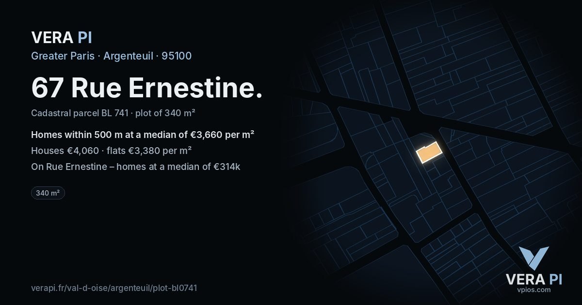 67 Rue Ernestine, Argenteuil at night – the plot lit, the parcels around coloured by the prices near them