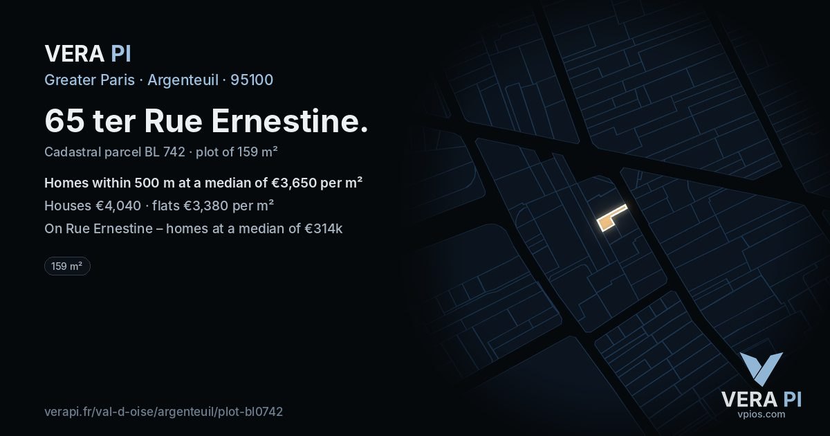 65 ter Rue Ernestine, Argenteuil at night – the plot lit, the parcels around coloured by the prices near them