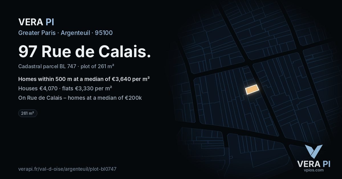 97 Rue de Calais, Argenteuil at night – the plot lit, the parcels around coloured by the prices near them