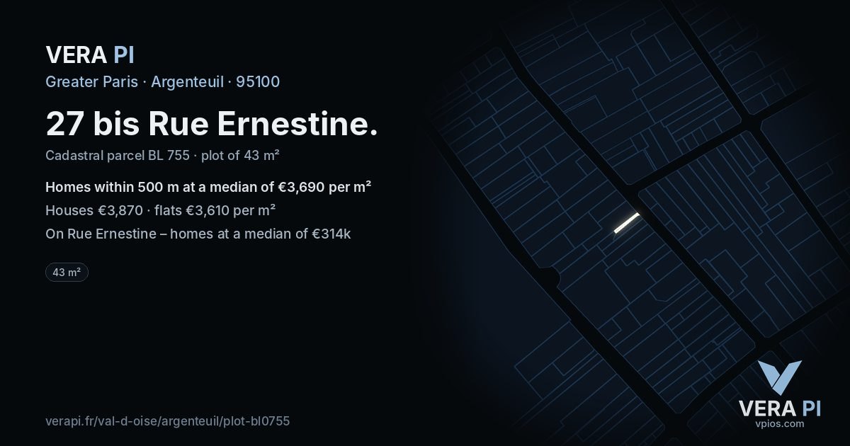 27 bis Rue Ernestine, Argenteuil at night – the plot lit, the parcels around coloured by the prices near them