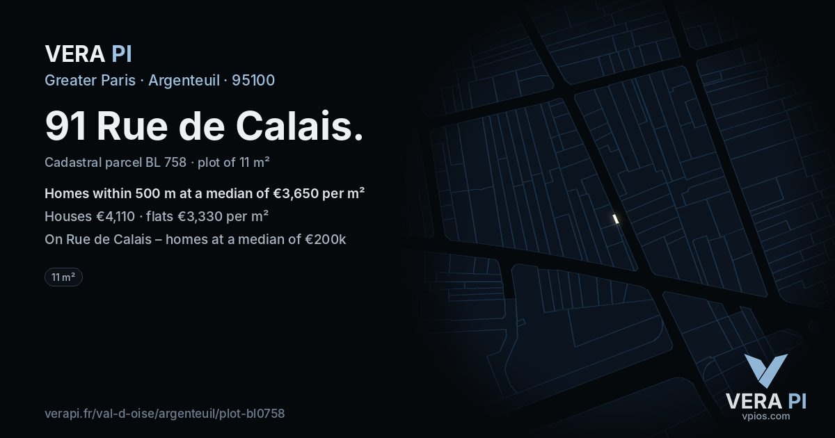 91 Rue de Calais, Argenteuil at night – the plot lit, the parcels around coloured by the prices near them