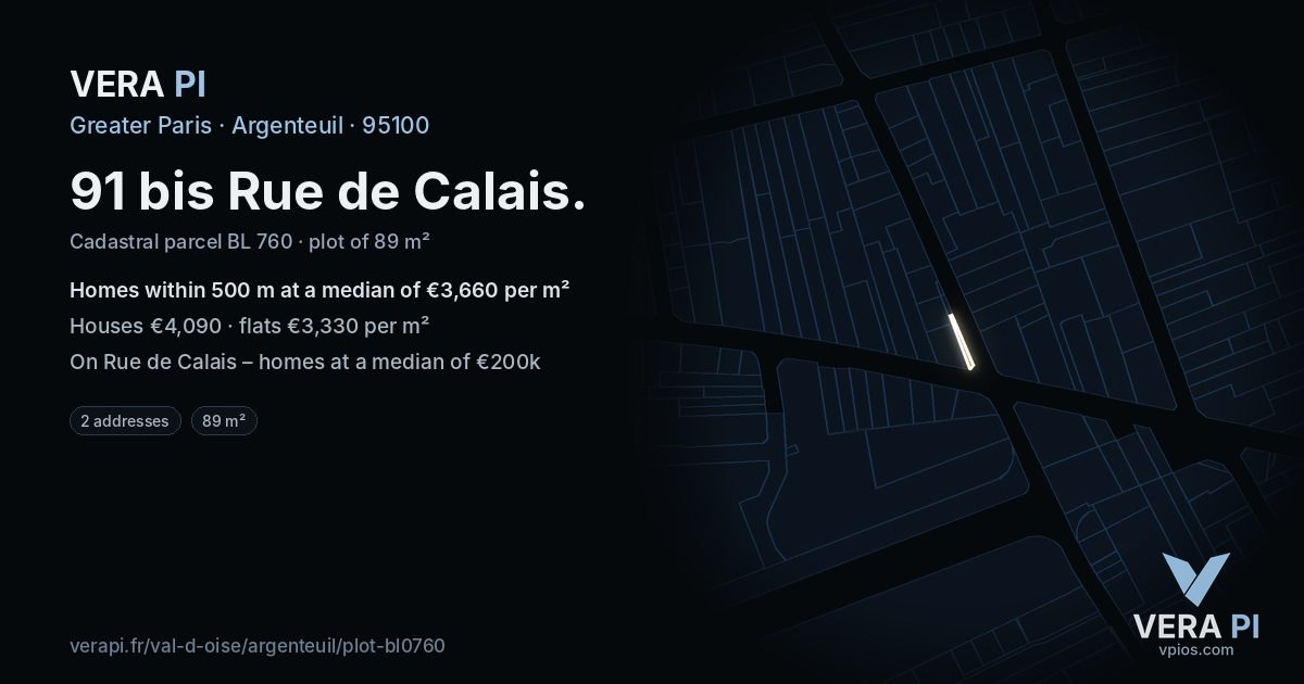 91 bis Rue de Calais, Argenteuil at night – the plot lit, the parcels around coloured by the prices near them