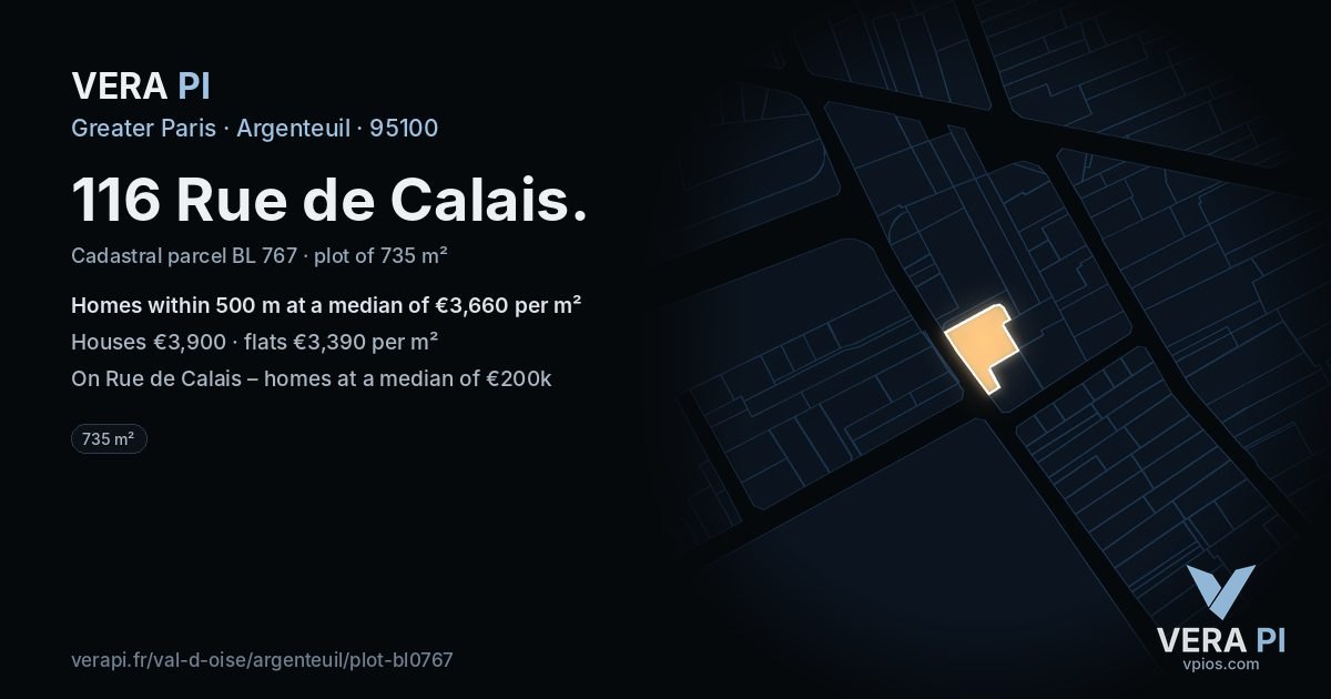 116 Rue de Calais, Argenteuil at night – the plot lit, the parcels around coloured by the prices near them