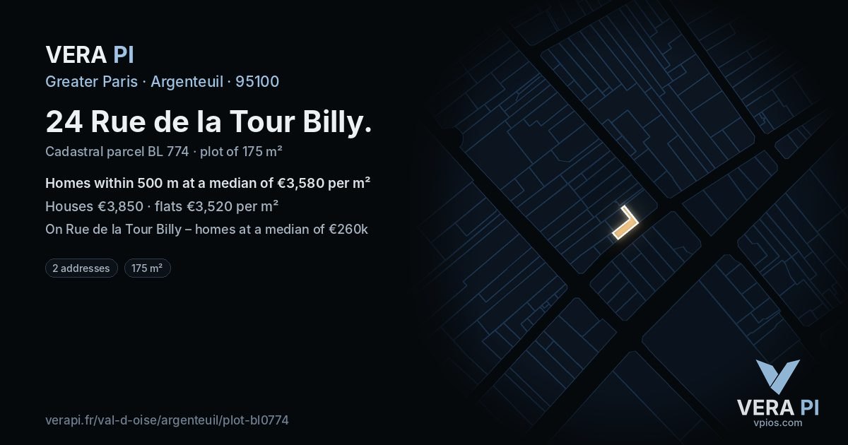 24 Rue de la Tour Billy, Argenteuil at night – the plot lit, the parcels around coloured by the prices near them