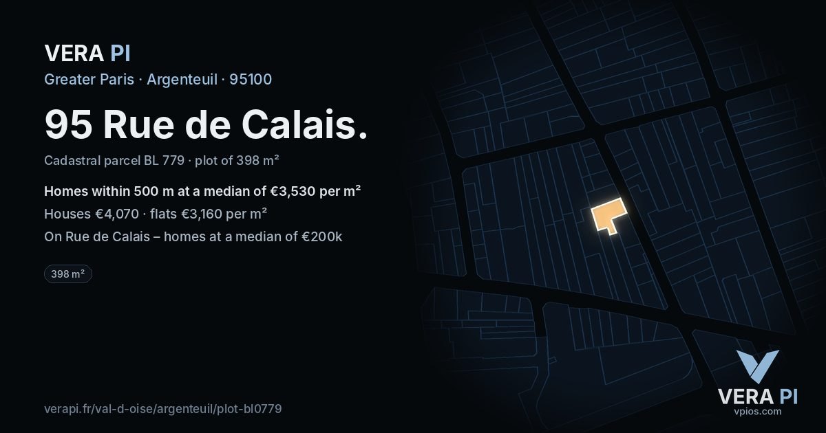 95 Rue de Calais, Argenteuil at night – the plot lit, the parcels around coloured by the prices near them