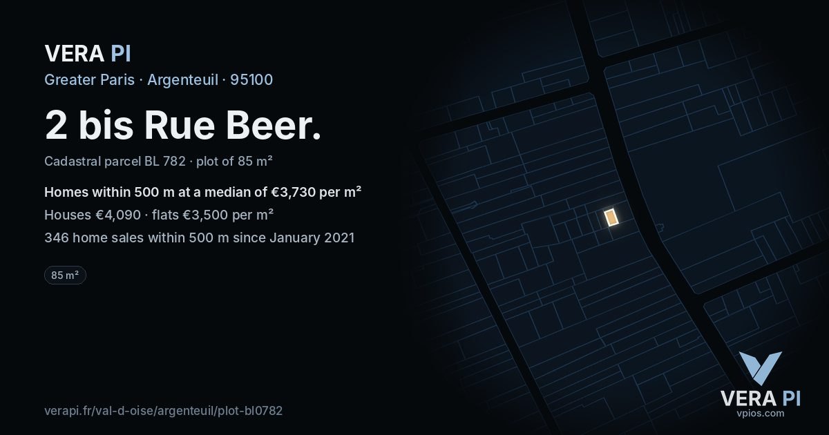 2 bis Rue Beer, Argenteuil at night – the plot lit, the parcels around coloured by the prices near them