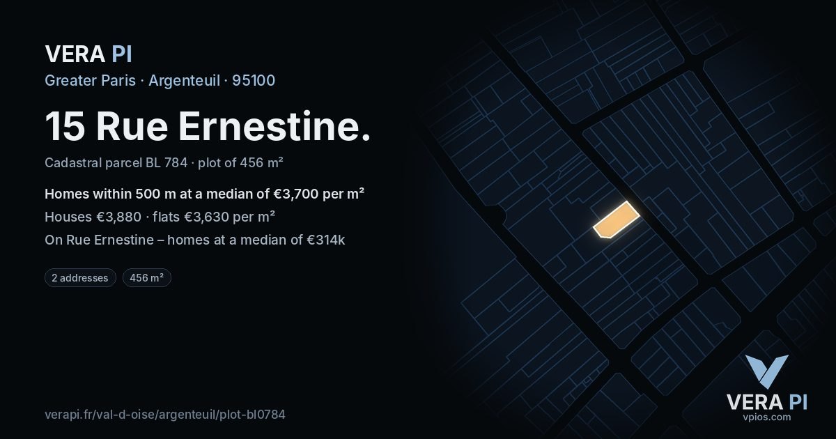 15 Rue Ernestine, Argenteuil at night – the plot lit, the parcels around coloured by the prices near them