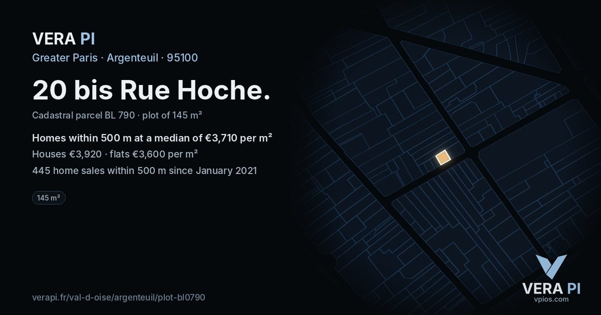 20 bis Rue Hoche, Argenteuil at night – the plot lit, the parcels around coloured by the prices near them