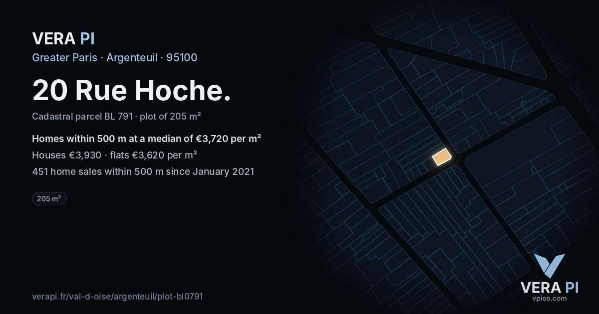 20 Rue Hoche, Argenteuil at night – the plot lit, the parcels around coloured by the prices near them