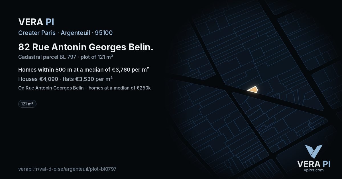 82 Rue Antonin Georges Belin, Argenteuil at night – the plot lit, the parcels around coloured by the prices near them