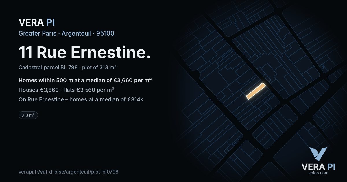 11 Rue Ernestine, Argenteuil at night – the plot lit, the parcels around coloured by the prices near them