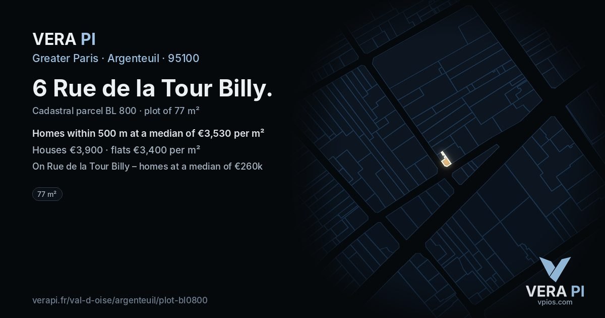 6 Rue de la Tour Billy, Argenteuil at night – the plot lit, the parcels around coloured by the prices near them
