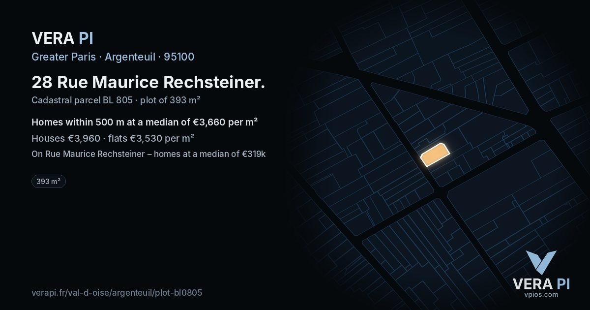 28 Rue Maurice Rechsteiner, Argenteuil at night – the plot lit, the parcels around coloured by the prices near them