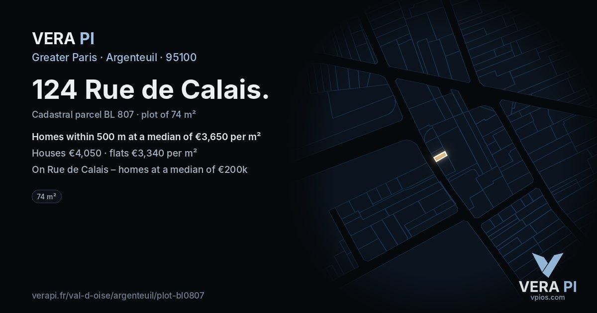 124 Rue de Calais, Argenteuil at night – the plot lit, the parcels around coloured by the prices near them
