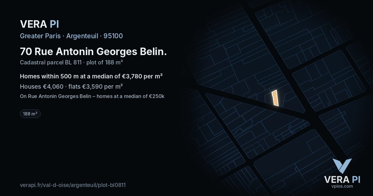 70 Rue Antonin Georges Belin, Argenteuil at night – the plot lit, the parcels around coloured by the prices near them