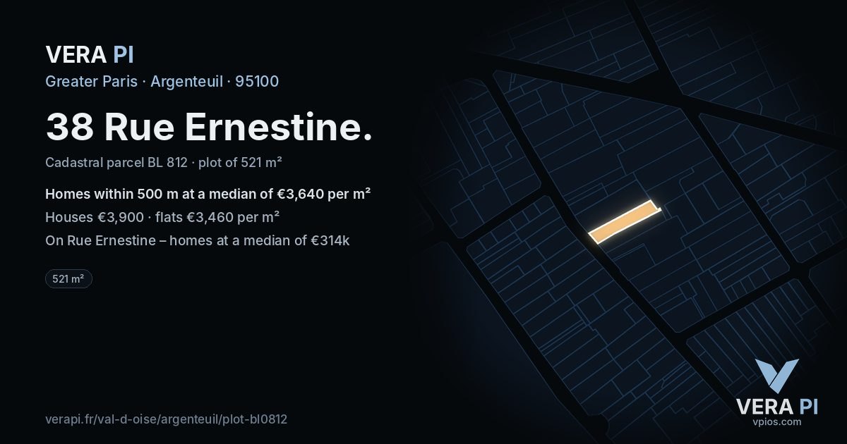 38 Rue Ernestine, Argenteuil at night – the plot lit, the parcels around coloured by the prices near them