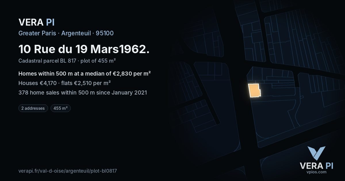 10 Rue du 19 Mars1962, Argenteuil at night – the plot lit, the parcels around coloured by the prices near them