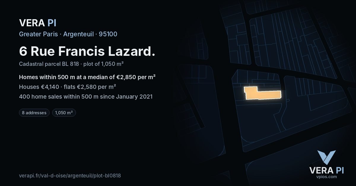 6 Rue Francis Lazard, Argenteuil at night – the plot lit, the parcels around coloured by the prices near them