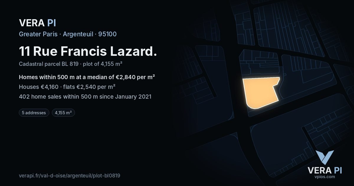 11 Rue Francis Lazard, Argenteuil at night – the plot lit, the parcels around coloured by the prices near them