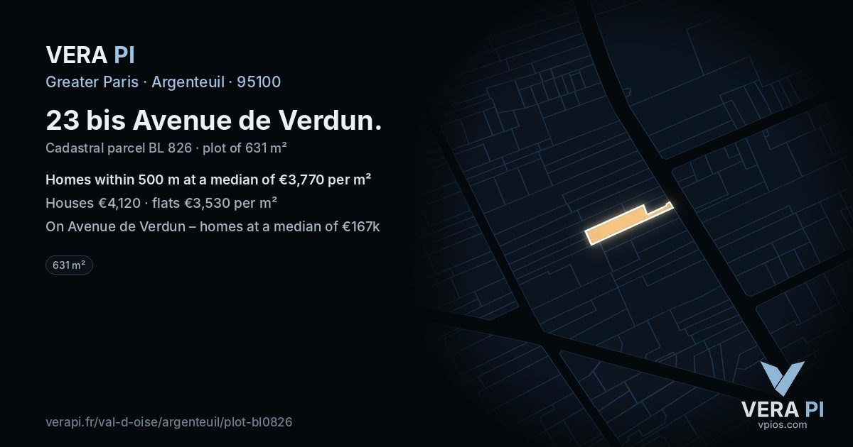 23 bis Avenue de Verdun, Argenteuil at night – the plot lit, the parcels around coloured by the prices near them