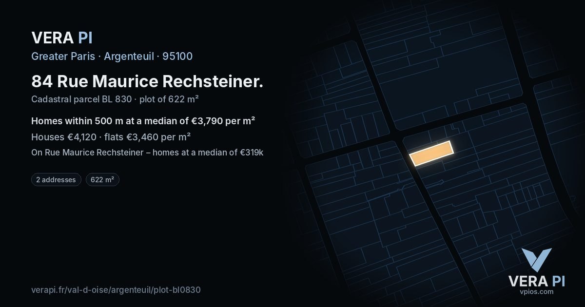 84 Rue Maurice Rechsteiner, Argenteuil at night – the plot lit, the parcels around coloured by the prices near them