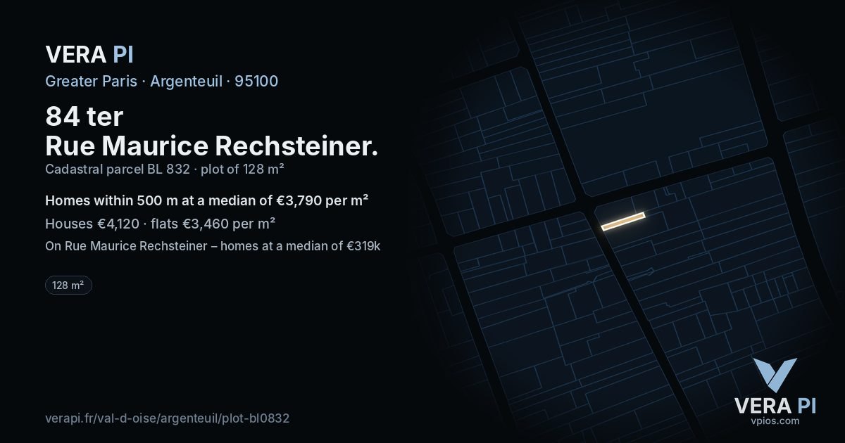 84 ter Rue Maurice Rechsteiner, Argenteuil at night – the plot lit, the parcels around coloured by the prices near them
