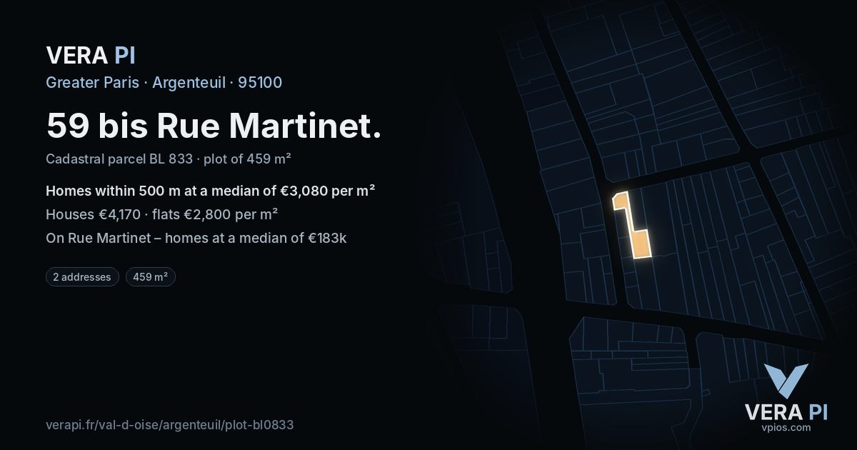 59 bis Rue Martinet, Argenteuil at night – the plot lit, the parcels around coloured by the prices near them