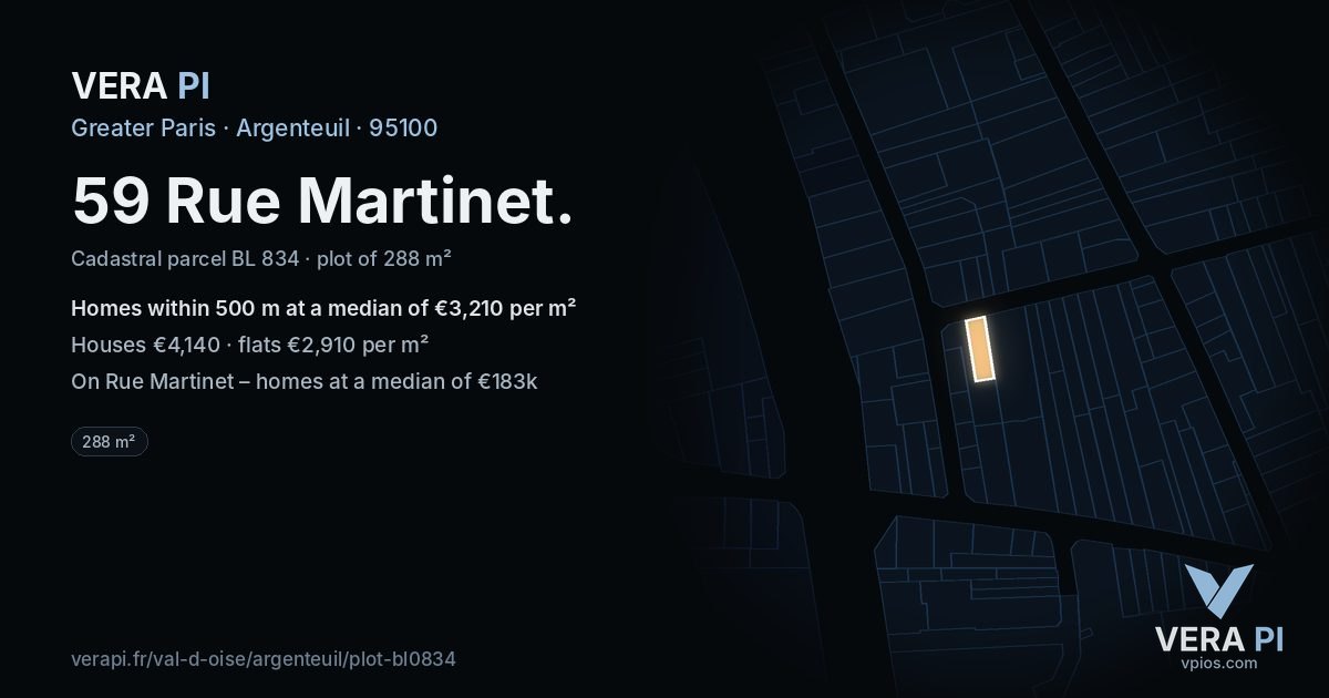 59 Rue Martinet, Argenteuil at night – the plot lit, the parcels around coloured by the prices near them