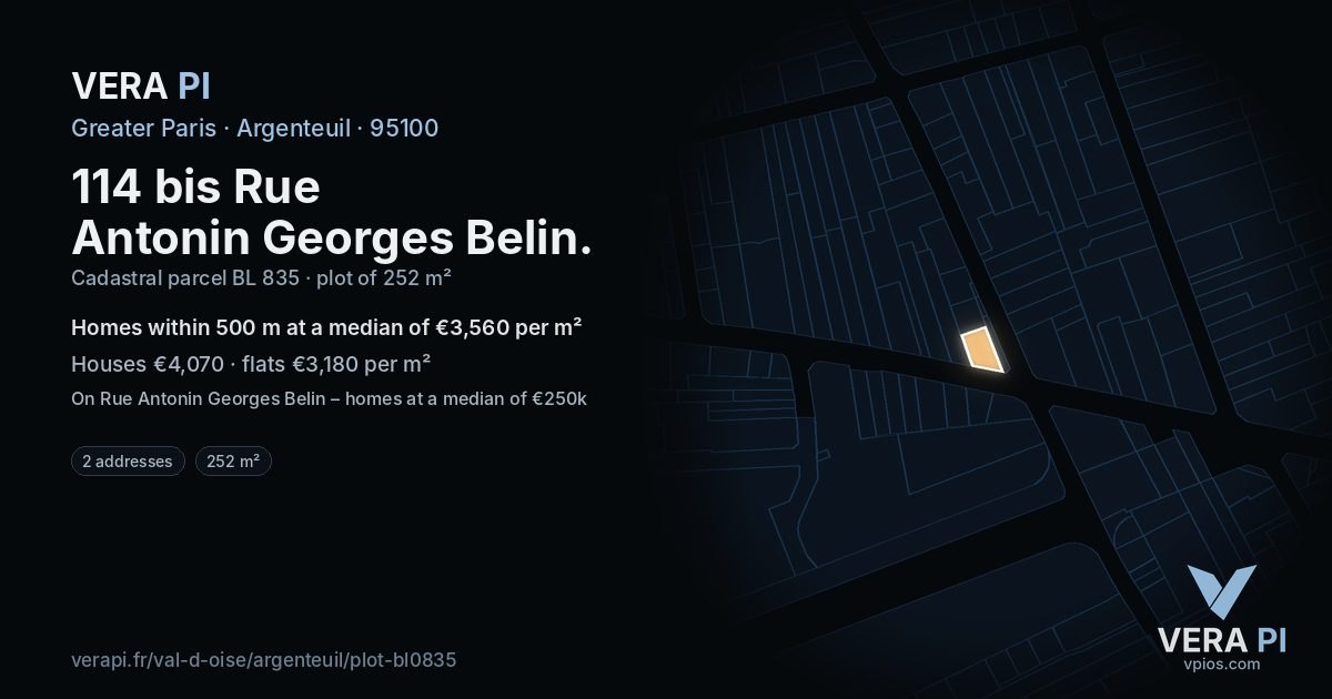 114 bis Rue Antonin Georges Belin, Argenteuil at night – the plot lit, the parcels around coloured by the prices near them