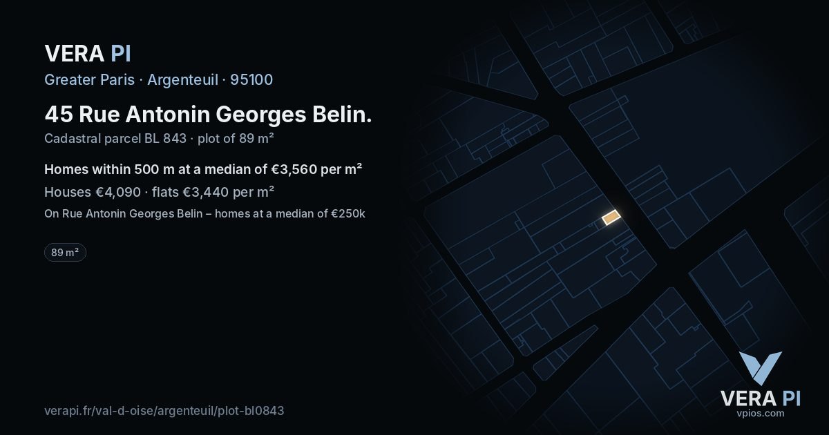 45 Rue Antonin Georges Belin, Argenteuil at night – the plot lit, the parcels around coloured by the prices near them