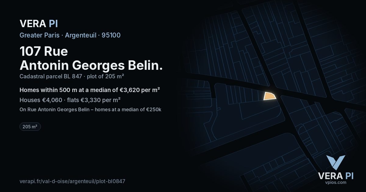 107 Rue Antonin Georges Belin, Argenteuil at night – the plot lit, the parcels around coloured by the prices near them