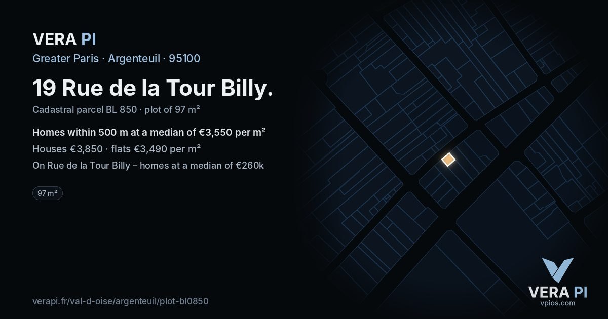 19 Rue de la Tour Billy, Argenteuil at night – the plot lit, the parcels around coloured by the prices near them