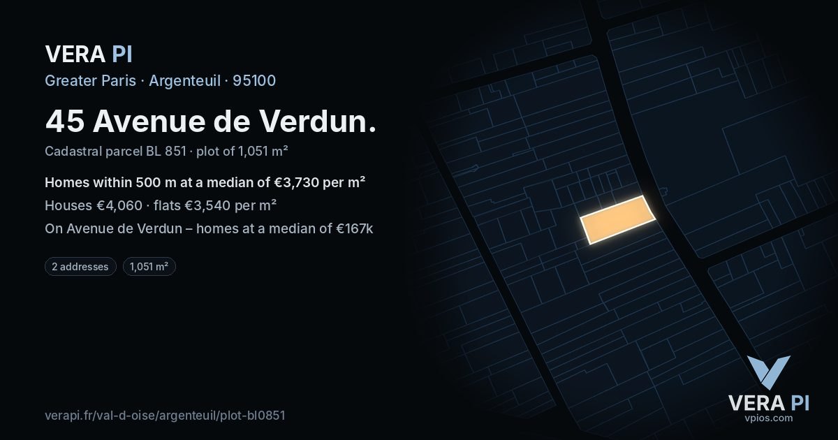 45 Avenue de Verdun, Argenteuil at night – the plot lit, the parcels around coloured by the prices near them